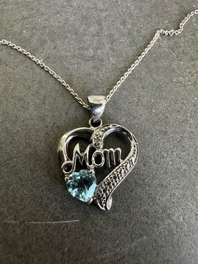 Vintage Sterling Silver 'Mom' Heart Pendant Necklace with Aquamarine Heart